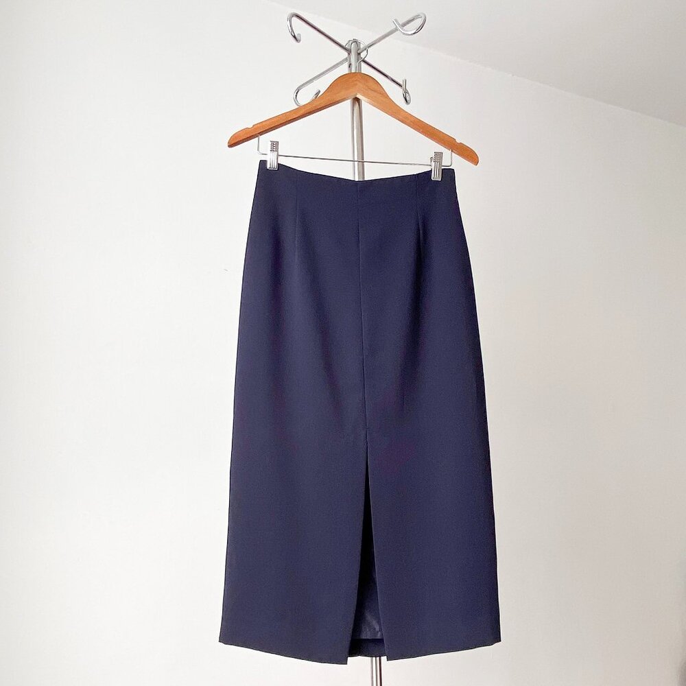 🍂 90s Vintage Navy Minimalist High Rise Midi Chic Preppy Pencil Skirt